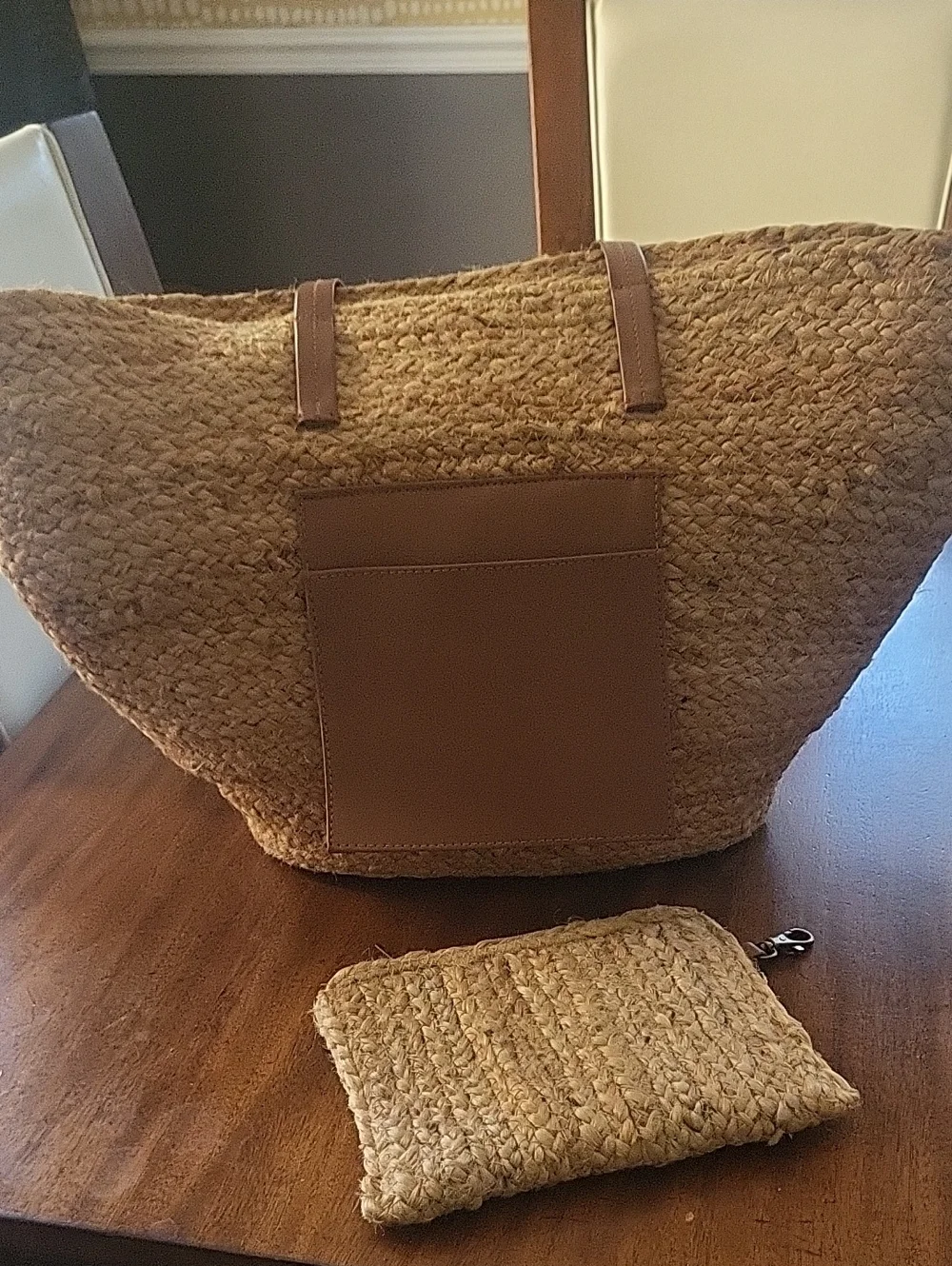Woven Straw Tote Bag with Brown Trim And Detachable Tote.
